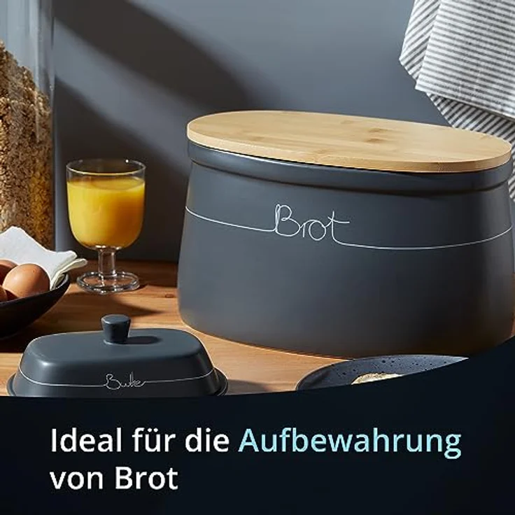 KHG Vorratsdose für Brot aus Steinzeug mit Holzdeckel – Brotaufbewahrung für die Küche, Steingut, Stilvolle Brotaufbewahrung aus Steinzeug schützt Brot vor Austrocknung – Bild 3