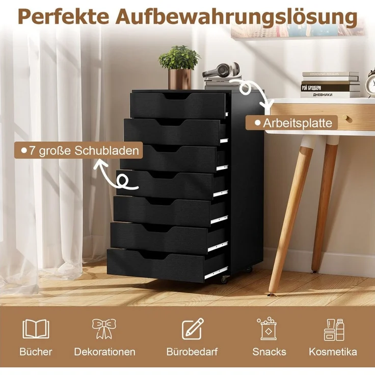 COSTWAY Rollcontainer, mit 7 Schubladen Aktenschrank mit Rädern – Bild 2