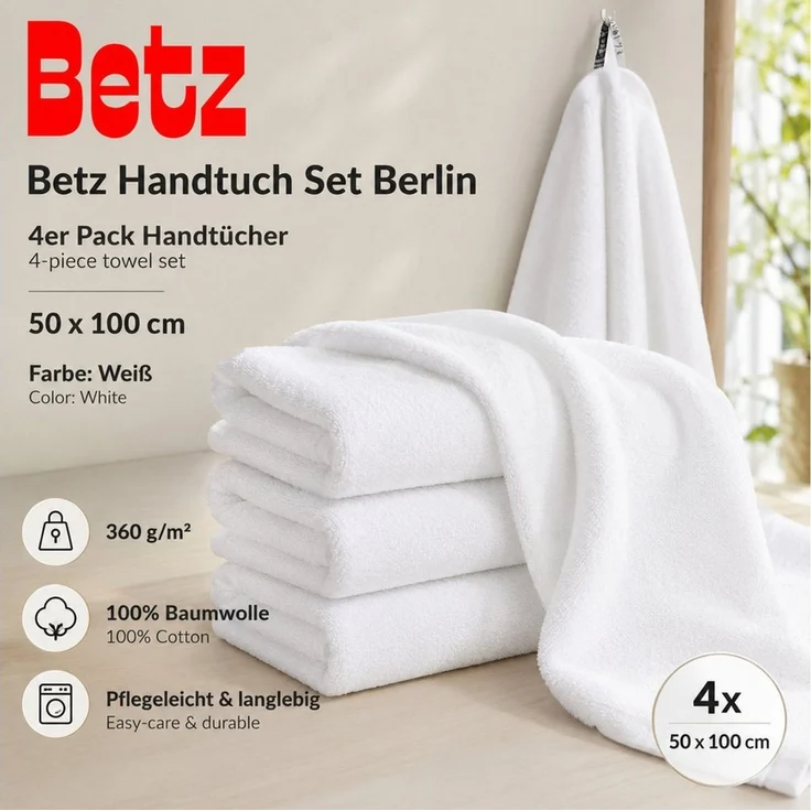 Betz Handtücher Berlin 4er Pack Handtuch-Set 50x100 cm, 100% Baumwolle