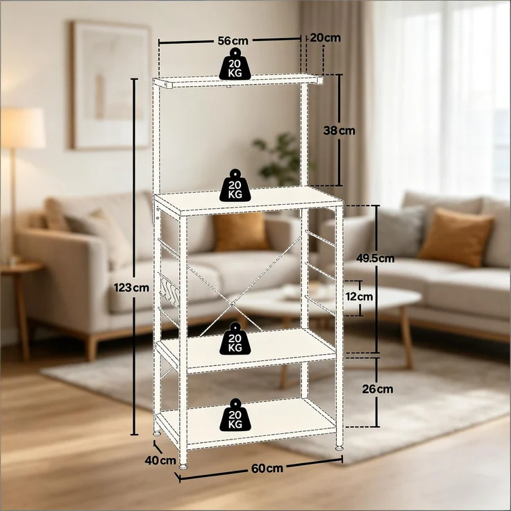 Küchenregal 60x40x123 cm mit 4 Ablagen und Seitenhaken, Weiß/Lichteiche – Bild 4