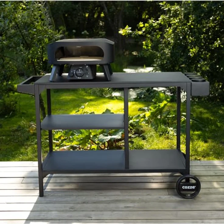 cozze BBQ Station & Outdoor Küche – Großer Grilltisch für Pizzaofen, Verstellbarer Regalboden (3 Höhen), 2 Räder, Stahl Schwarz, bis 100 kg - 90x115x60 cm – Bild 8