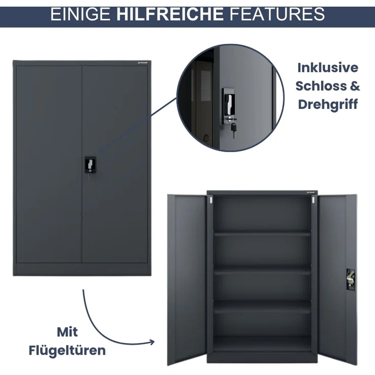 Aktenschrank abschließbar KADO - 4 Ebenen verstellbar, Flügeltüren | Metallschrank Werkstatt Mehrzweckschrank Büroschrank aus Stahl Werkzeugschrank, 140x90x40cm Anthrazit – Bild 5