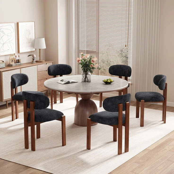 MALOL Esszimmerstühle 6er Set, Moderne Polsterstuhl Essstühle mit Holzbein, Stoff Esszimmerstühl mit Fester Rückenlehne für Esszimmer, Küche, Restaurant, Mit dunkelbraunen Beinen, Dunkelblau