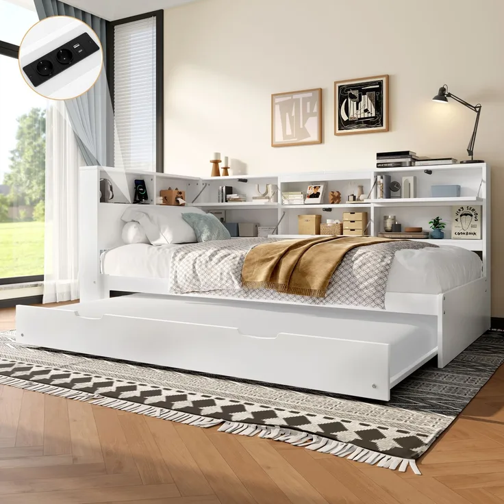 Daybett,Schlafsofa,90x200 cm,Kopfteil mit Staufach,Ausziehbares Bett,Ohne Matratze,Weiß