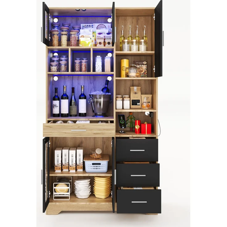 Buffetschrank 100 x 40 x 185 cm, Küchenschrank aus MDF mit LED-Beleuchtung, Steckdose und Glastüren – Bild 2