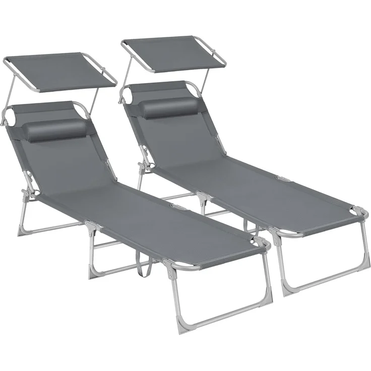 SONGMICS Sonnenliege, 2er Set, Liegestuhl, bis 250 kg belastbar, 193 x 53 x 29 cm, mit Sonnendach und Verstellbarer Rückenlehne GCB19UV1-2 – Bild 1