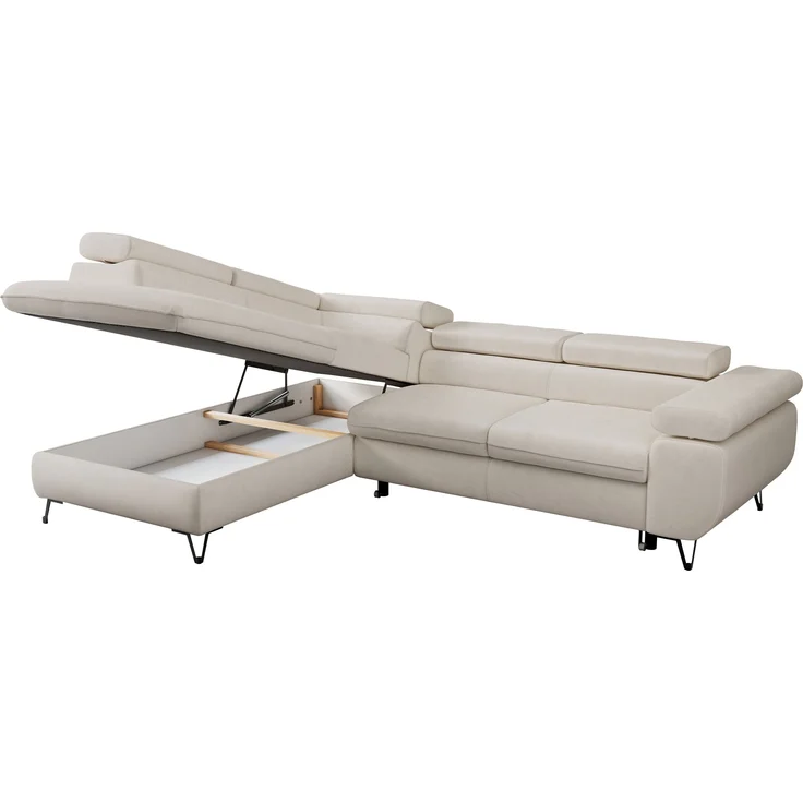 Mks Möbel 'Peter L-form' Ecksofa mit Bettfunktion, Bettkasten & einstellbaren Kopfstützen, Hellbeige, Mikrofaser, mit Topper, links – Bild 5