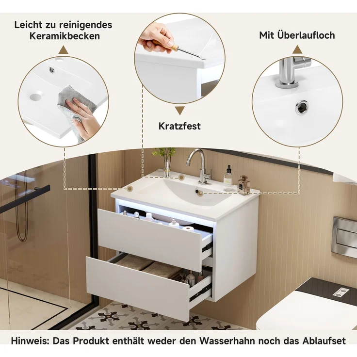 Wandhängender Waschtisch 61 x 46 x 45 cm aus lackiertem MDF mit Keramikbecken und LED-Sensorlicht – Bild 6