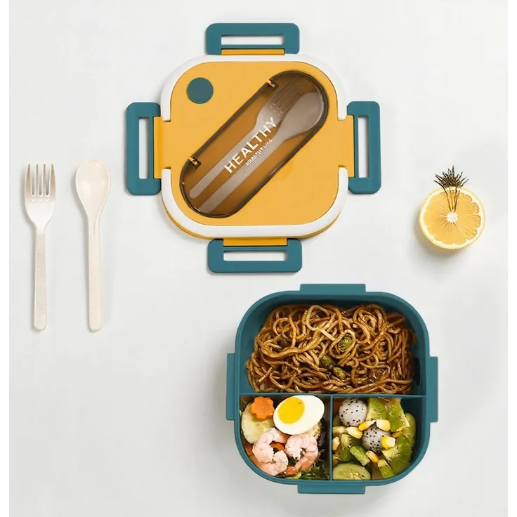 HT Lunchbox Lunch-Behälter (3 Fächer), Auslaufsicher & BPA-frei-mit Besteck, für Kinder und Erwachsene Brotdose mit Fächern