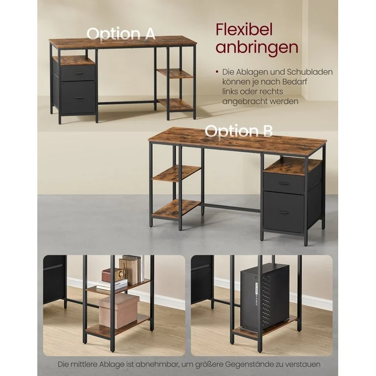 VASAGLE Computertisch, Bürotisch, Schreibtisch, mit 3 Ablagen, 2 Schubladen, 60 x 140 x 76 cm, fürs Büro, Wohnzimmer, Industrie-Stil, vintagebraun-schwarz – Bild 2