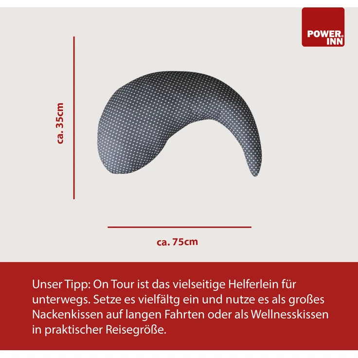 POWER INN ON TOUR Wellnesskissen ca. 75x35cm | gemütliches Reisekissen | handliches Stillkissen | Waschbar bis 60°C | Stoff aus 100% Baumwolle