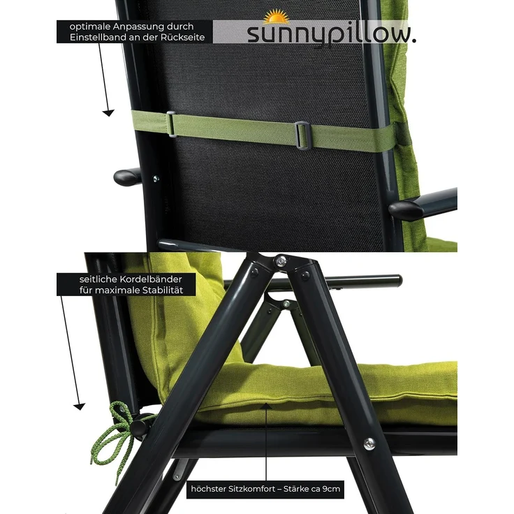sunnypillow 2er Set Gartenstühle und Gartenstuhlauflagen Hochlehner | 120 x 50 x 9 cm Hochlehner Auflage wasserdicht UV-lichtecht | Klappsessel Klappstuhl für Garten Polsterauflagen Stuhlauflage | Grün – Bild 5