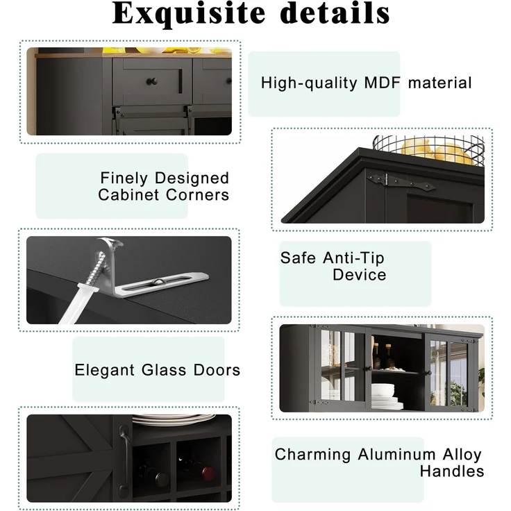 Küchenschrank(105×38.4×180cm), Hochschrank Küchenbuffet, Vitrinenschrank, Buffetschrank mit Verstellbaren Ablagen, Sideboard mit LED-Beleuchtung,Variable Lichtfarben, schwarz – Bild 7
