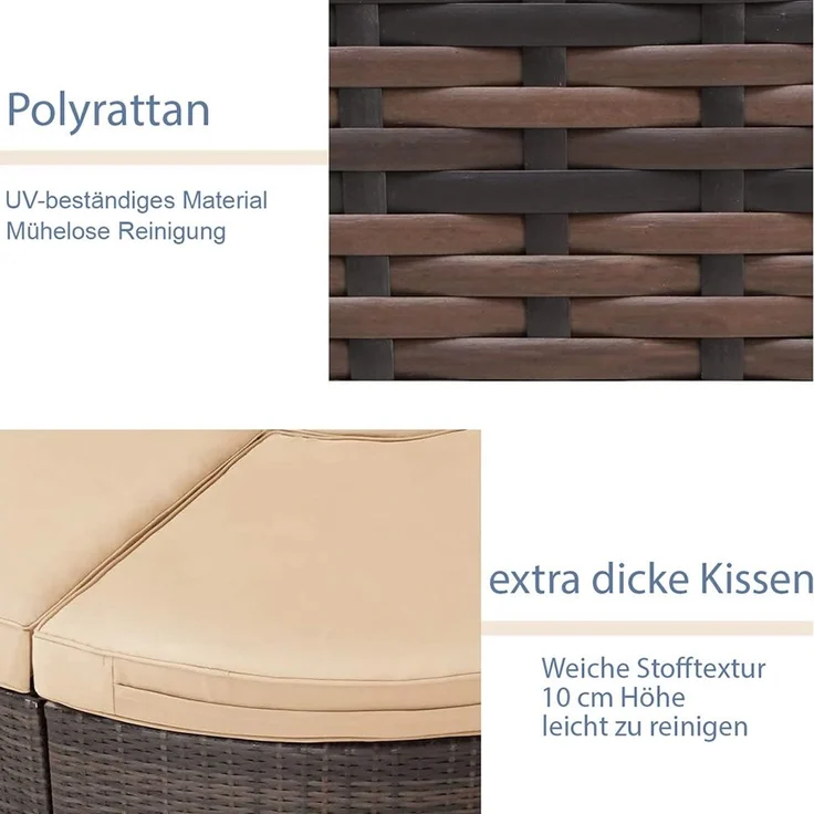 Polyrattan Sonneninsel 180cm Gartenmuschel Sonnenliege Loungebett braun/beige – Bild 5