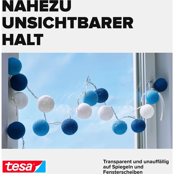 tesa Klebehaken POWERSTRIPS Doppelseitige Klebestreifen mit Bilderhaken, für Deko an Glas und Spiegel, (Spar-Set, 15-St, 3 x 5 tesa Powerstrips® Deko Haken), Transparente Klebepads - 3er Pack á 5 Dekohaken - je max. 200 g – Bild 5