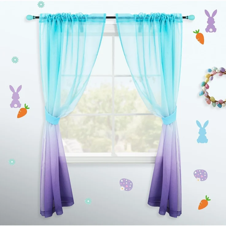 KOUFALL Violette Vorhänge für Schlafzimmer, Mädchenzimmer, Meerjungfrauen-Ombré-Optik, durchscheinende Kindervorhänge für Kinderzimmer, Baby, 2-teiliges Set, helles Lavendel und Blaugrün, 213 cm lang