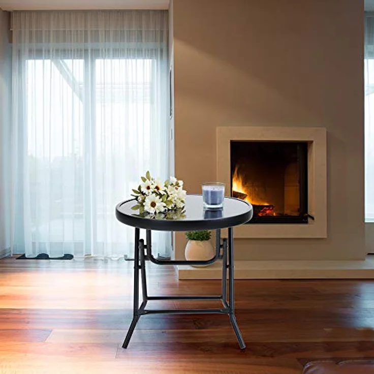 PHI VILLA Klappbar Runder Beistelltisch Glas aus Metall Gartentisch Kaffeetisch Klein Balkontisch wetterfest pflegeleicht für Balkon Garten Terrasse Wohnzimmer – Bild 3