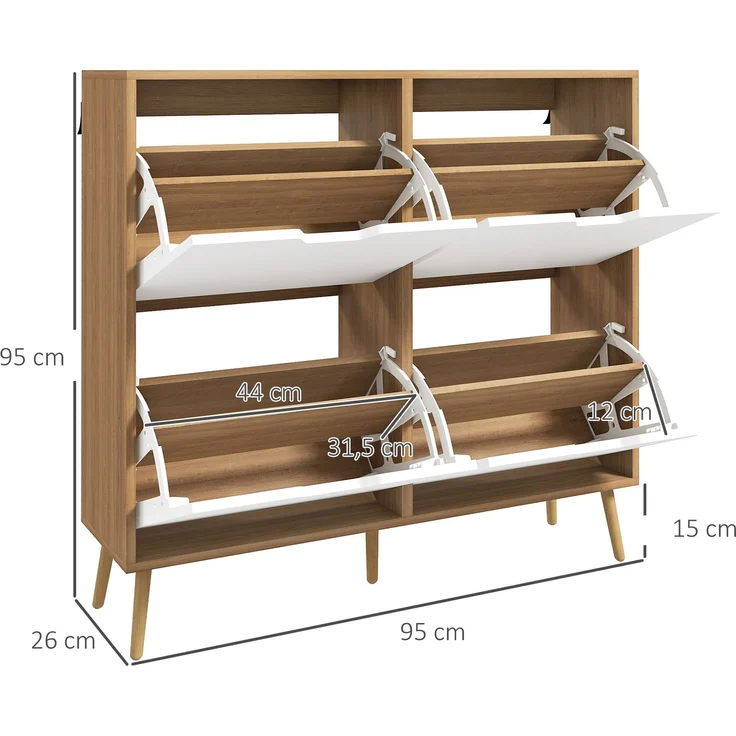 Schuhschrank mit 4 Klappen für 16 Paar Schuhe, mit verstellbarem Einlegeboden, Füße aus Kiefernholz, 95 x 26 x 95 cm, natur – Bild 5