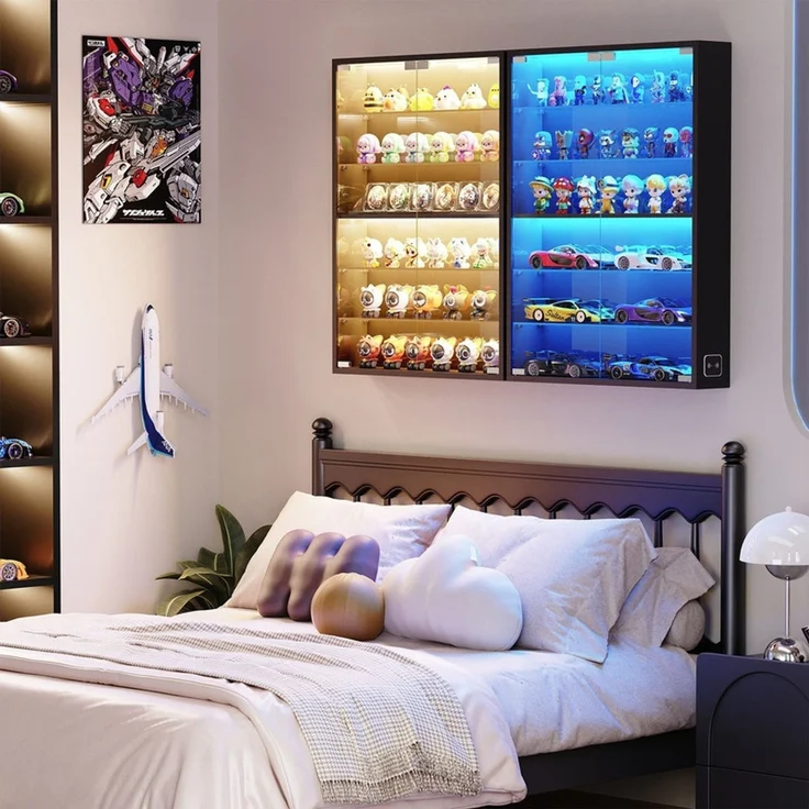 Hängevitrine 60x12x80 cm, Wandvitrine mit 6 verstellbaren Glasböden, LED-Beleuchtung und Sensor, Schwarz – Bild 2