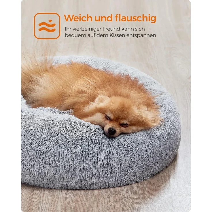 Feandrea Hundebett flauschig, Katzenbett, Donut Kissen, waschbar, Polsterung in der Mitte herausnehmbar, langer Plüsch, 60 cm Durchmesser, Ombré-Grau – Bild 2
