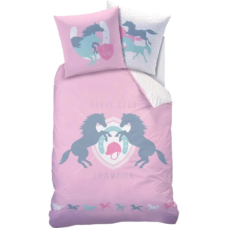MTOnlinehandel Bettwäsche 135x200 + 80x80 cm Biber „Horse Club“ Pferde-Motiv warm & kuschelig, 100% Baumwolle, 2 teilig, mit detailreichem Wende-Design – Bild 1