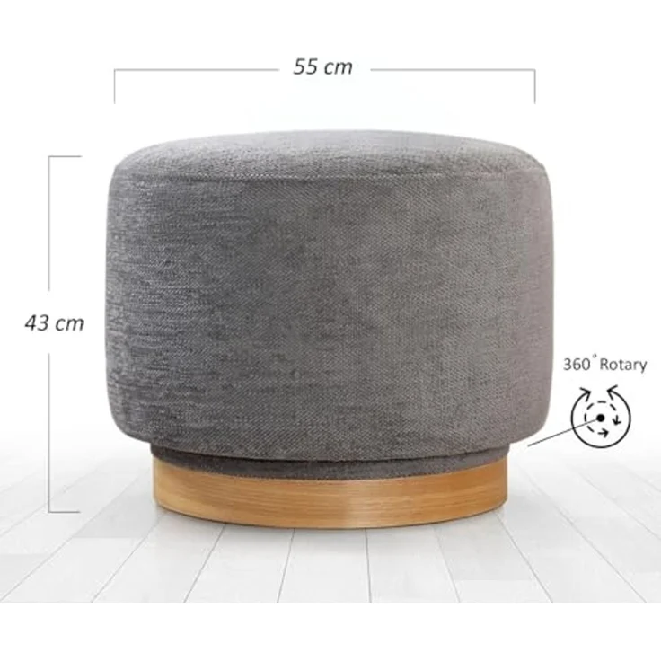 Atelier Del Sofa Stylish Grey Pouffe, 100% Cotton, 360° Rotatable, 6 cm Sponge, Oak Wood Legs, 55 x 55 x 43 cm | Perfect for Modern Living Rooms & Bedrooms – Bild 2