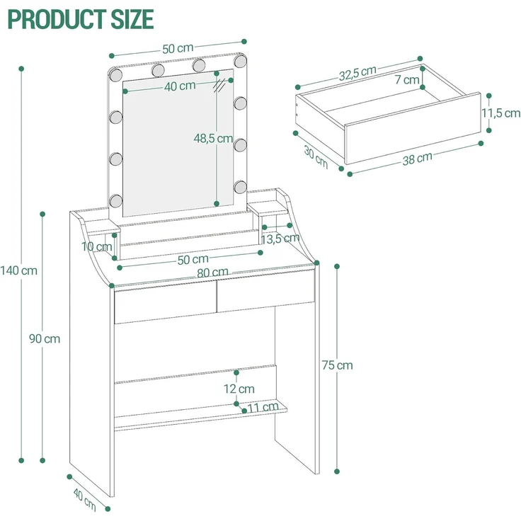 Hzuaneri Schminktisch mit LED-Beleuchtung, mit Spiegel, einstellbare Helligkeit, modern, 2 Schubladen & 3 Offenen Fächern, Weiß, 40x80x140 cm – Bild 8