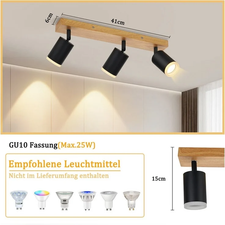 Nettlife Deckenstrahler Schwarz/Weiß GU10 Holz Vintage Deckenspots Küchenlampe, Schwenkbar, LED wechselbar, 350°Drehbar Flur Strahler Industrial für Wohnzimmer Schlafzimmer Küche – Bild 3
