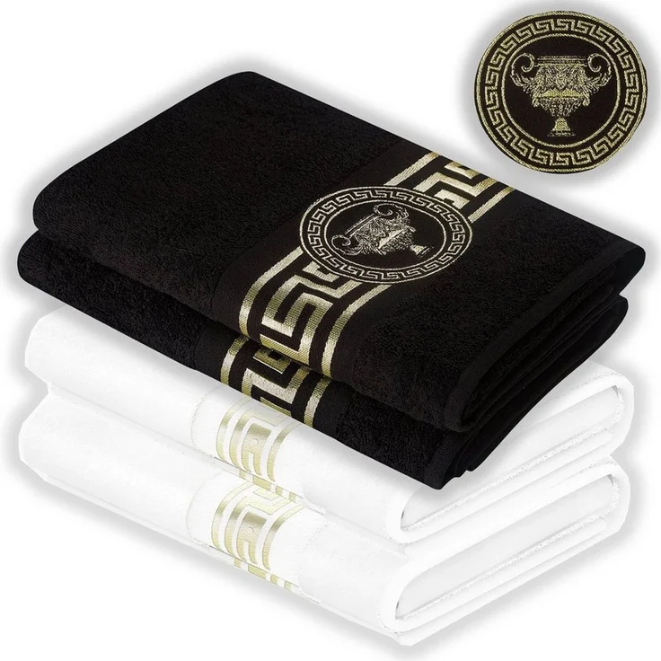 Belle Arti Handtücher Gästehandtücher Badetücher Duschtücher Saunatücher Mäander Amphore Set, (2-St), schwarz weiss, gold hochwertig eingestickt Baumwolle weich saugstark – Bild 1