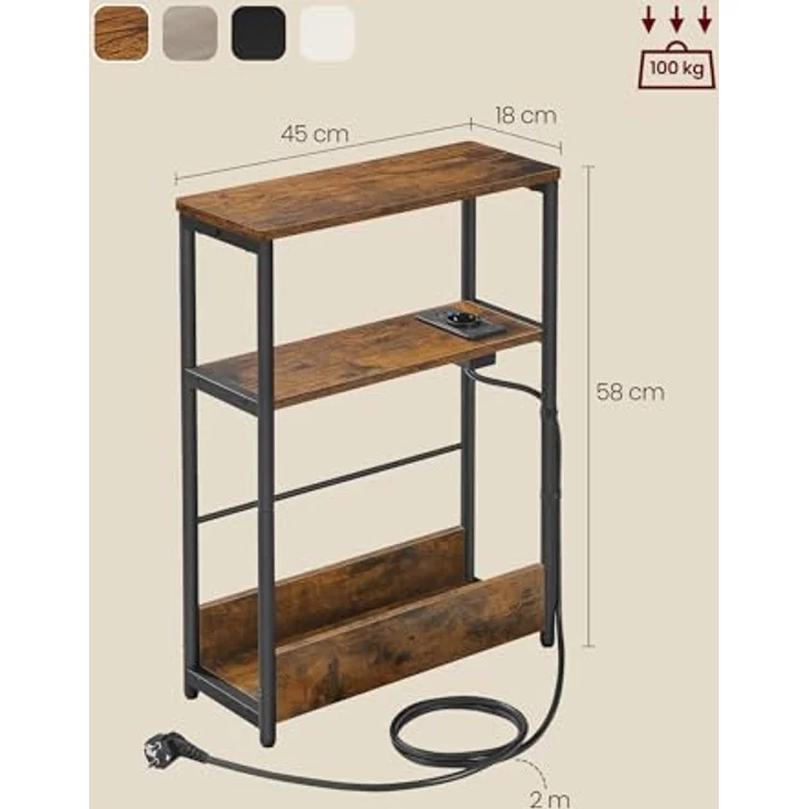 Vasagle Beistelltisch schmal, Nachttisch mit Ladefunktion, Couchtisch klein, 3 Ablagen, Zeitschriftenhalter, für Wohnzimmer, Schlafzimmer, Arbeitszimmer, vintagebraun-tintenschwarz LET335K02 – Bild 3