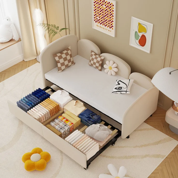 Kinderbett Blumenform, Kinderbett aus Samtstoff mit Sicherheitsrand, Massivholzrahmen, ausziehbare Schublade 90x200 cm,Beige – Bild 5