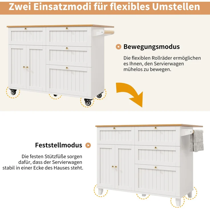 Abrihome Küchenwagen mit Stauraum und Rollen, Weiß, 88x70x133 cm – Bild 8