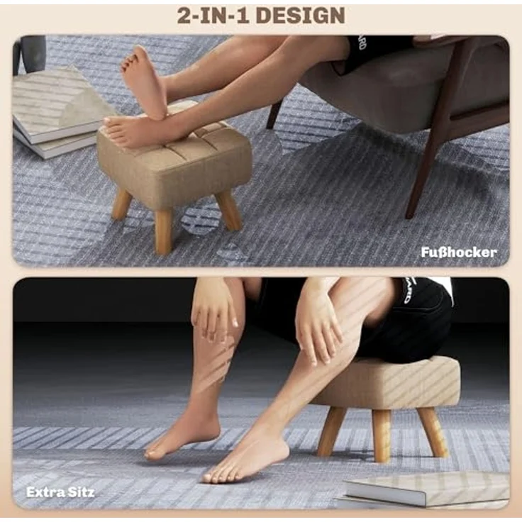 HOMCOM Fußhocker mit Leinenoptik, Holzbeine (Moderner Sitzhocker, 1 St, Polsterhocker), für Schlafzimmer, Wohnzimmer, Braun – Bild 4