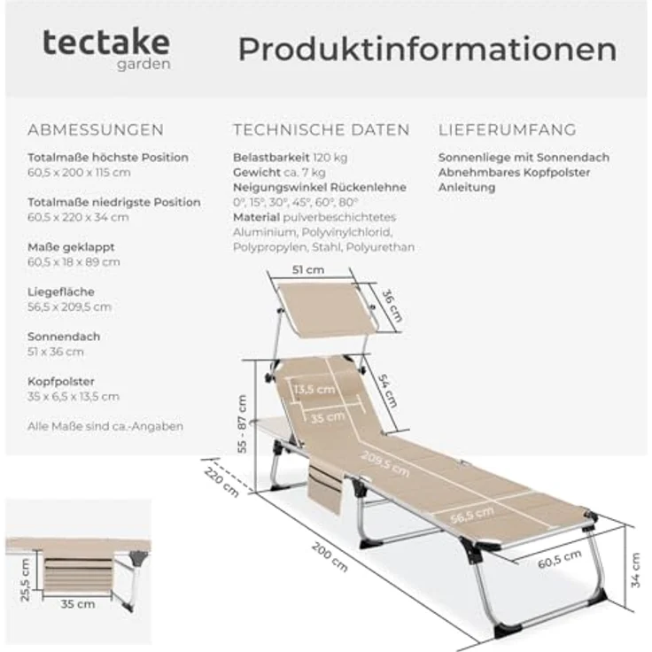 tectake Gartenliege Sonnenliege, 1, 1 St, 1tlg, gepolstert, klappbar – Bild 7