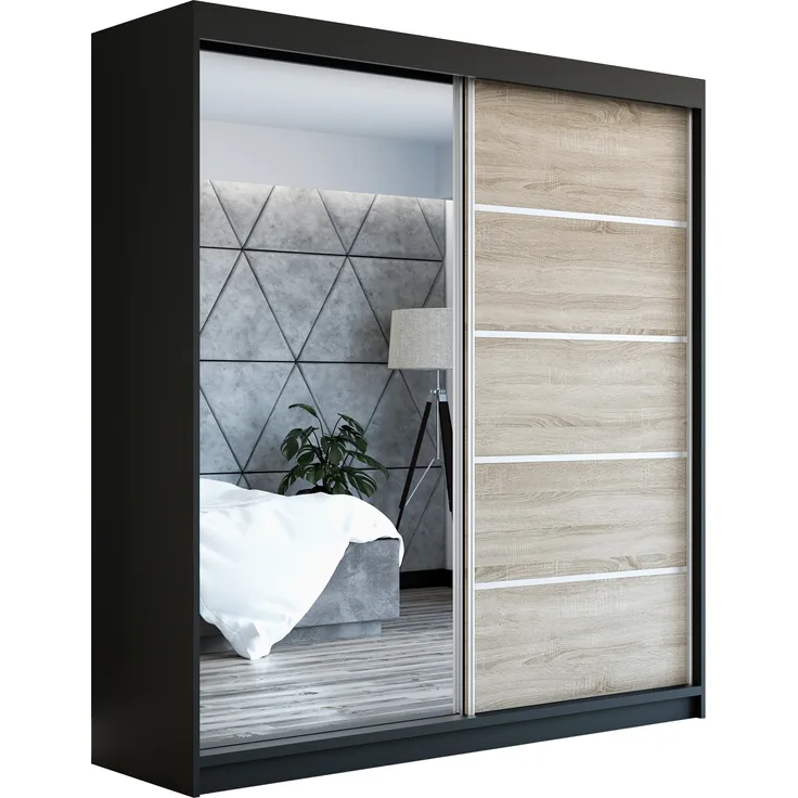 Schwebetürenschrank GAP 2-türig Schrank 160 cm (mit Spiegel) Farbe: Schwarz, sonoma