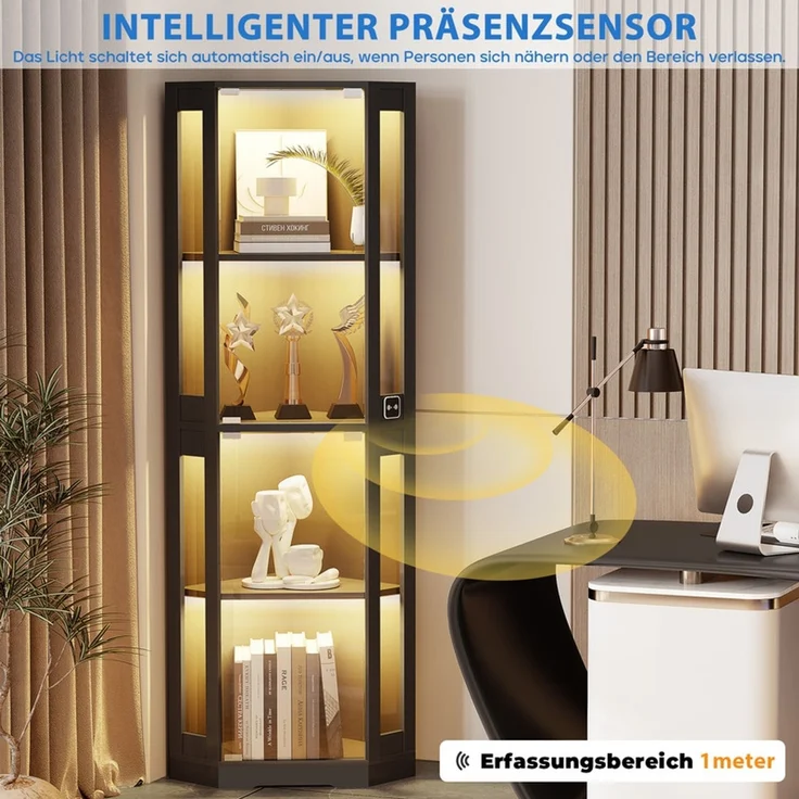 Eckvitrine 165x56x37 cm, 4-stöckiger Glasvitrinenschrank mit LED-Beleuchtung, griffloses Design, Schwarz – Bild 6
