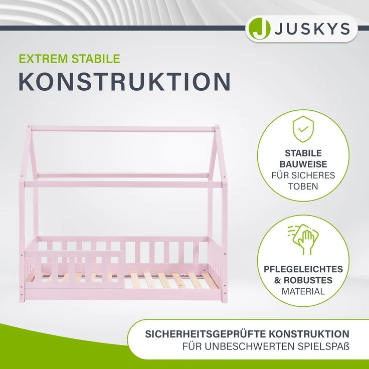 Juskys 'Marli' Kinderbett, mit Matratze, Rausfallschutz, Lattenrost & Dach - Massivholz Hausbett für Kinder - Bett in Rosa, 80x160 cm – Bild 4