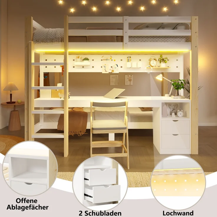 Merax Etagenbett, 90x200 cm & 140x200 cm, mit Schubladen und Schreibtisch, inklusive LED-Lichtleiste, (Keine Stühle), Natur – Bild 6