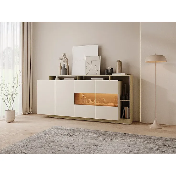 Vente-unique - IDESIA Sideboard Holz, PlatteGlas BeigeBeige - B 43,6 cm x H 92,8 cm x L 200 cm