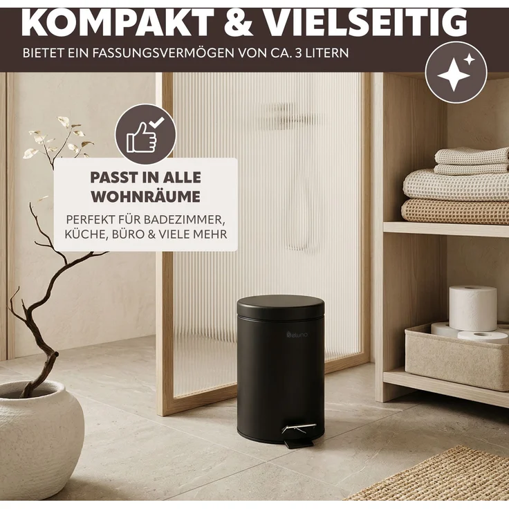 eluno Kosmetikeimer AGLIANO, Treteimer 3 Liter Fassungsvermögen, Metall, Schwarz, ca. 17 x 25,5 x 20 cm (B/H/T) – Bild 3