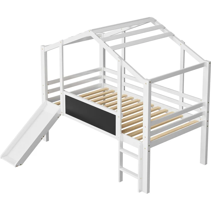Kinder-Loftbett 90x200 cm mit Rutsche, Hausstil, Leiter & Blackboard,Massivholz Spielbett,Weiß – Bild 9