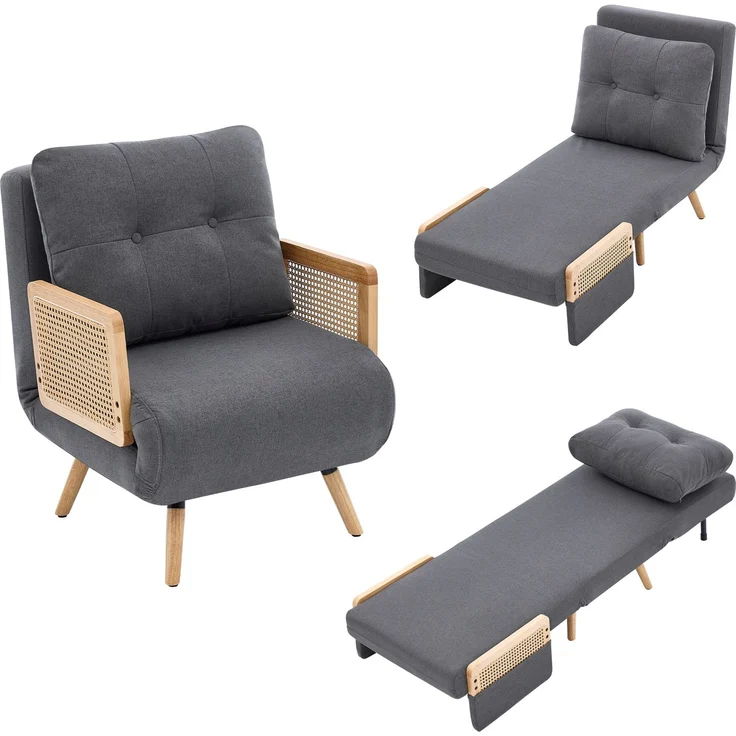 Rayofly-3-in-1 Schlafsessel mit Schlaffunktion, ausklappbarer Relaxsessel & Gästebett, 5-fach verstellbare Rückenlehne, Rattan-Armlehnen, H 86,5cm x T 67,5cm x B 73cm, Grau – Bild 1