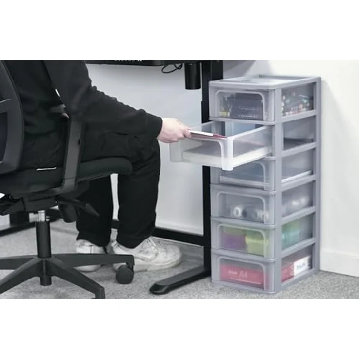 Iris Ohyama, Kunststoff Schubladenbox mit 6 flachen Schubladen, Grau, Easy-Pull-System, A4, A5 & A6 Format, Schreibtisch Organizer für Büro, Schule, Schreibwaren, BPA-frei, Schubladenschrank, OCH-2006 – Bild 4