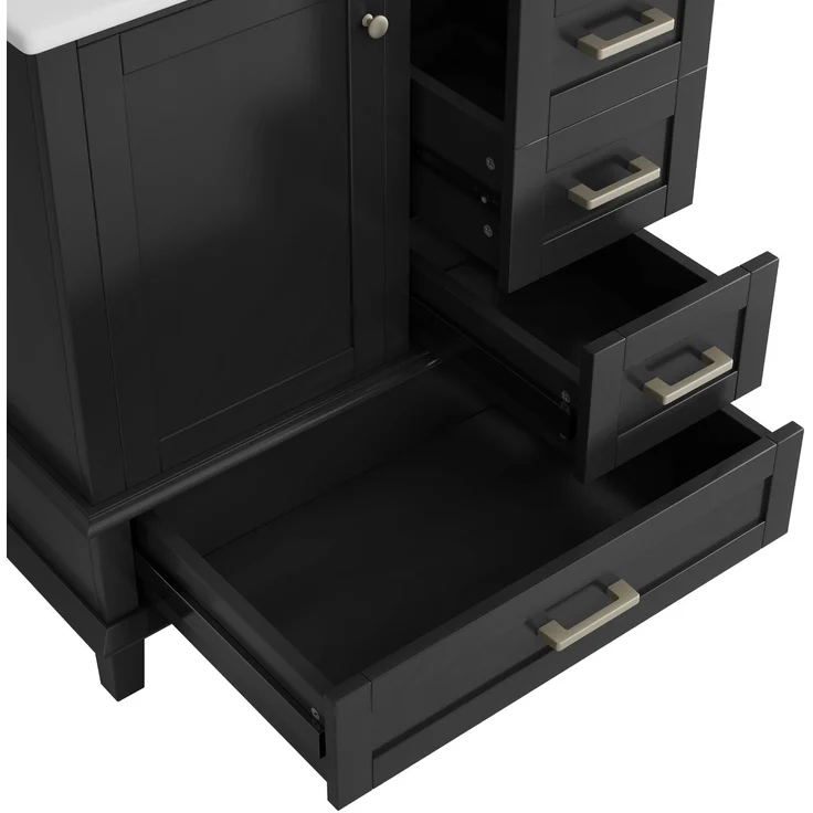 76x46x83,5cm schlichter Badezimmerschrank, komplett lackiert, Türregal, drei geräuschlose Schubladen, verstellbare Regale, integriertes Keramikwaschbecken, Schwarz – Bild 10