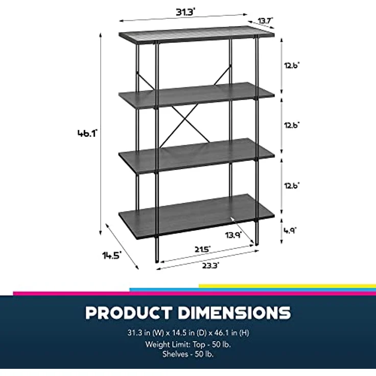 DHP Furniture Wainwright Bücherregal mit 4 Regalen, Schwarz/Eicheoptik, 79 x 35 x 117 cm, Holzwerstoff mit Metallrahmen, modernes Bücherregal für Wohnzimmer und Home Office – Bild 10