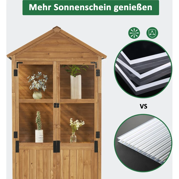 M MCombo Gartenschrank Holz Klein, Outdoor Gartenhaus Gerätehaus Wetterfest, Gewächshaus für Balkon & Terrasse, 0111 (Natur) – Bild 5