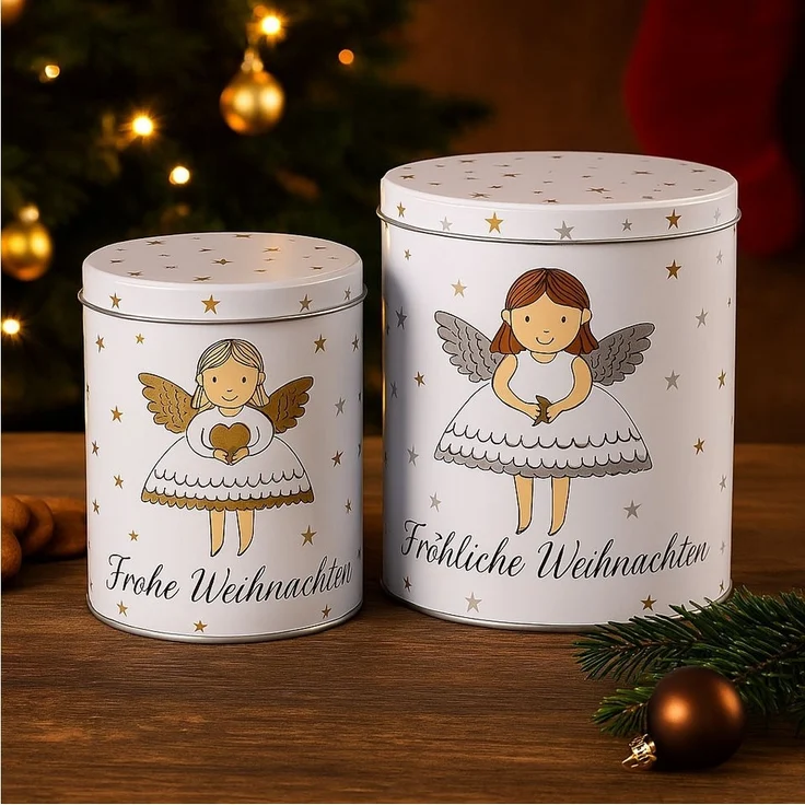 BOLTZE Keksdose 2er Set Metall Keksdose Plätzchendose Engel Fröhliche Weihnachten V19, (2-tlg) – Bild 2