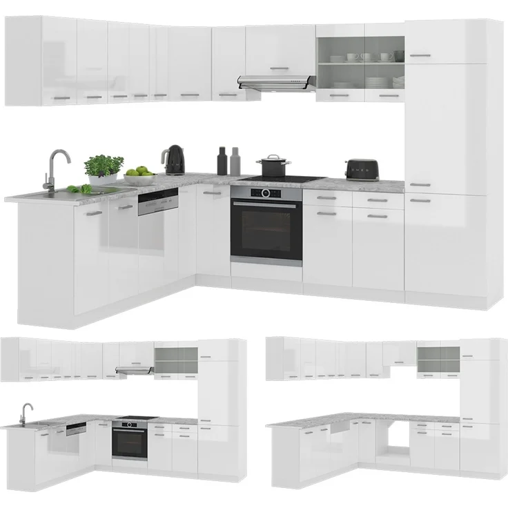 Eckküche R-Line Weiß Hochglanz/Weiß 287 x 227 cm, AP Marmor Vicco – Bild 6