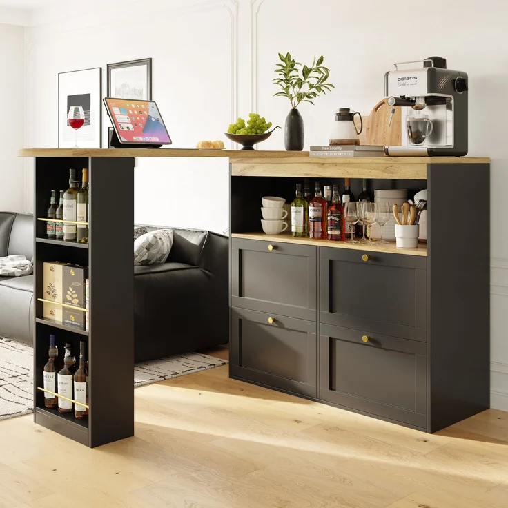 Bartisch 105 x 39 x 102 cm, 360° drehbar, mit 4 Schubladen und offenen Ablagen, Schwarz – Bild 19