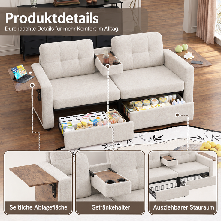 ZUBALIYA Schlafsofa 71x57.5 cm, mit Schreibtisch, mit Schubladen, mit Stauraum, mit Ablageflächen, mit Ausziehbett, Beige – Bild 3